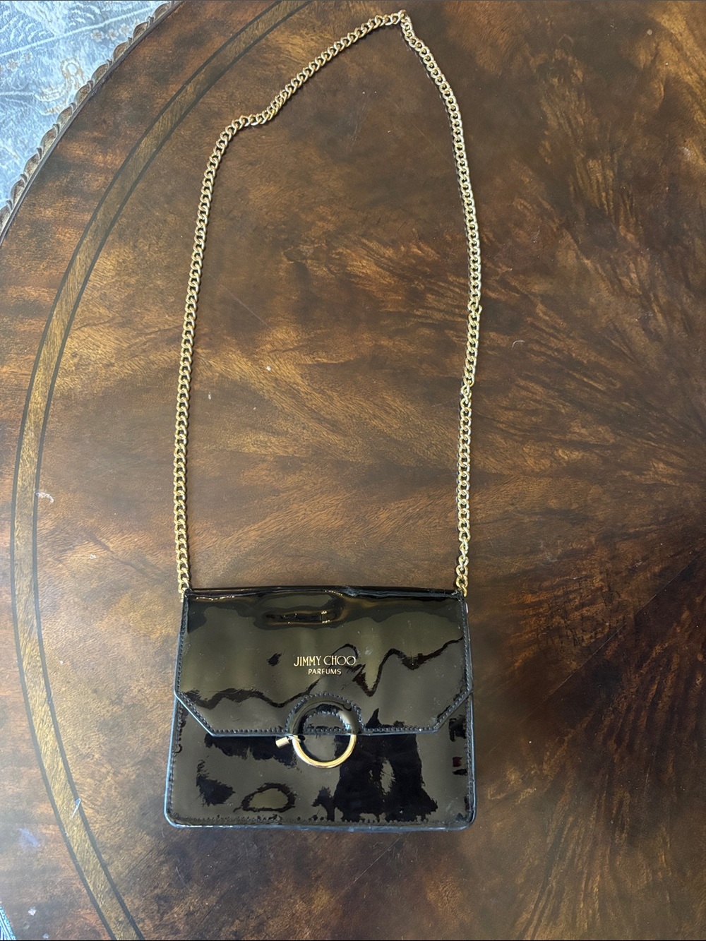 Jimmy Choo Black Patent Leather Crossbody with Gold Chain and Ring Detail
